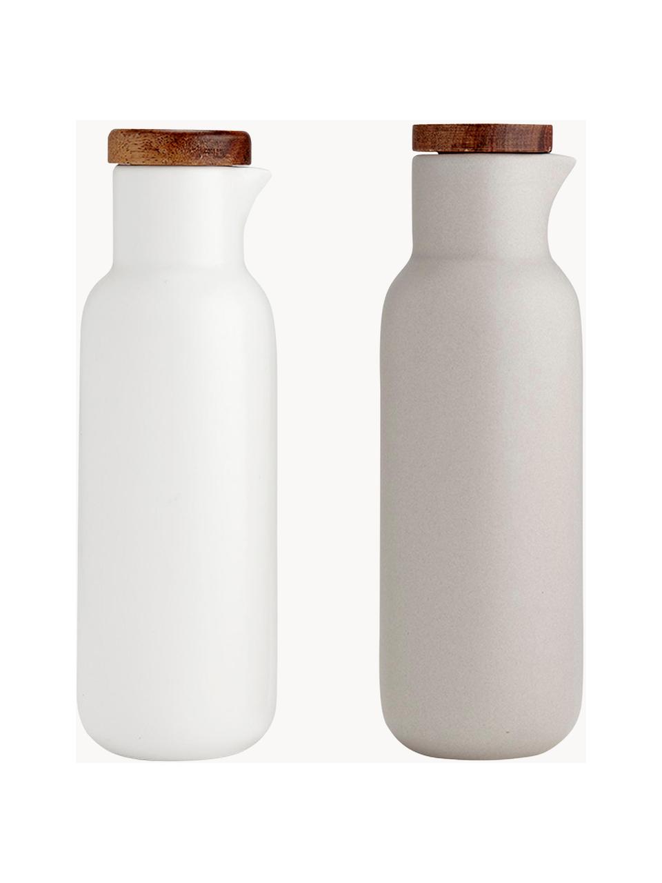 Essig- und Öl-Spender Essentials aus Porzellan und Akazienholz, 2er-Set, Weiß, Hellbeige, matt, Ø 6 x H 18 cm