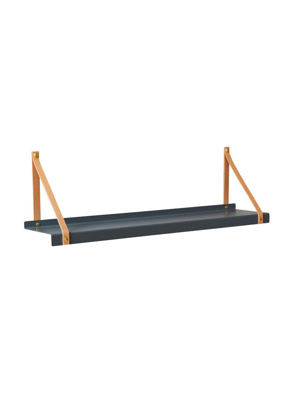 Wandplank Shelfie, Plank: gepoedercoat metaal, Riemen: leer, Grijs, bruin, 50 x 23 cm