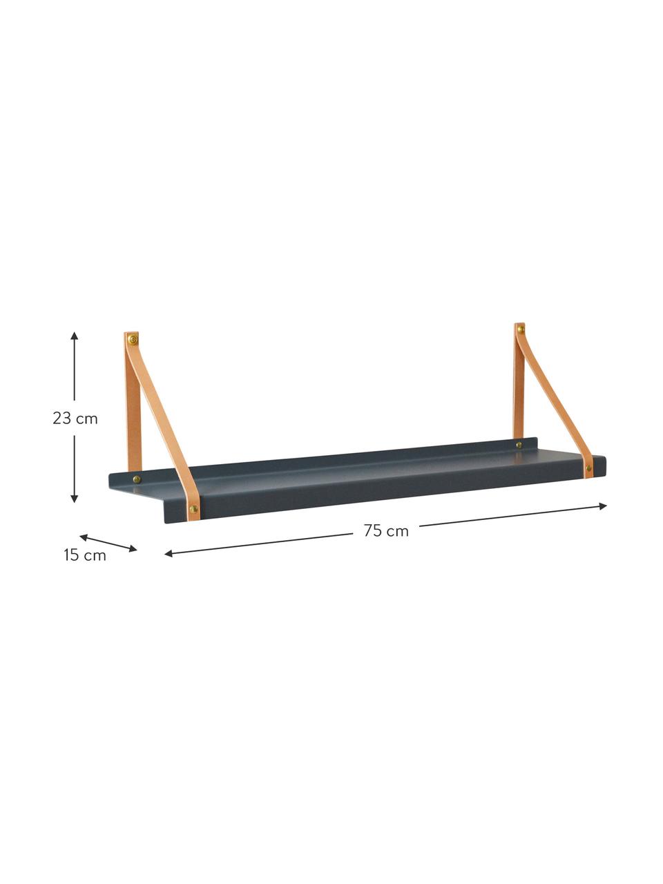 Metall-Wandregal Shelfie mit Lederriemen, Regalbrett: Metall, pulverbeschichtet, Riemen: Leder, Grau, Braun, 50 x 23 cm