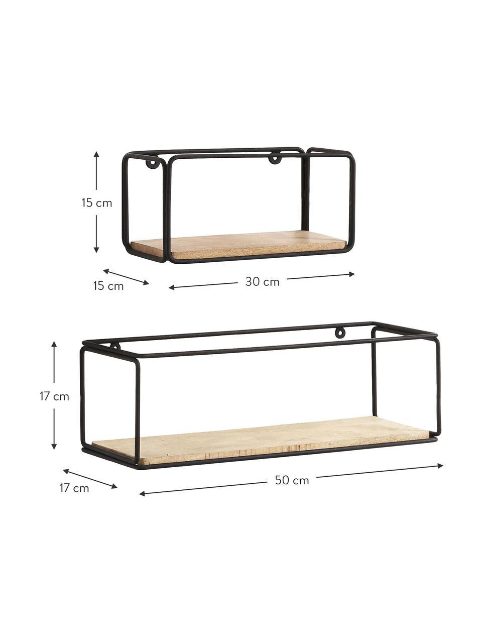 Set 2 mensole industriali Nezz, Struttura: metallo verniciato, Ripiani: legno di mango massiccio, Nero, marrone, Set in varie misure