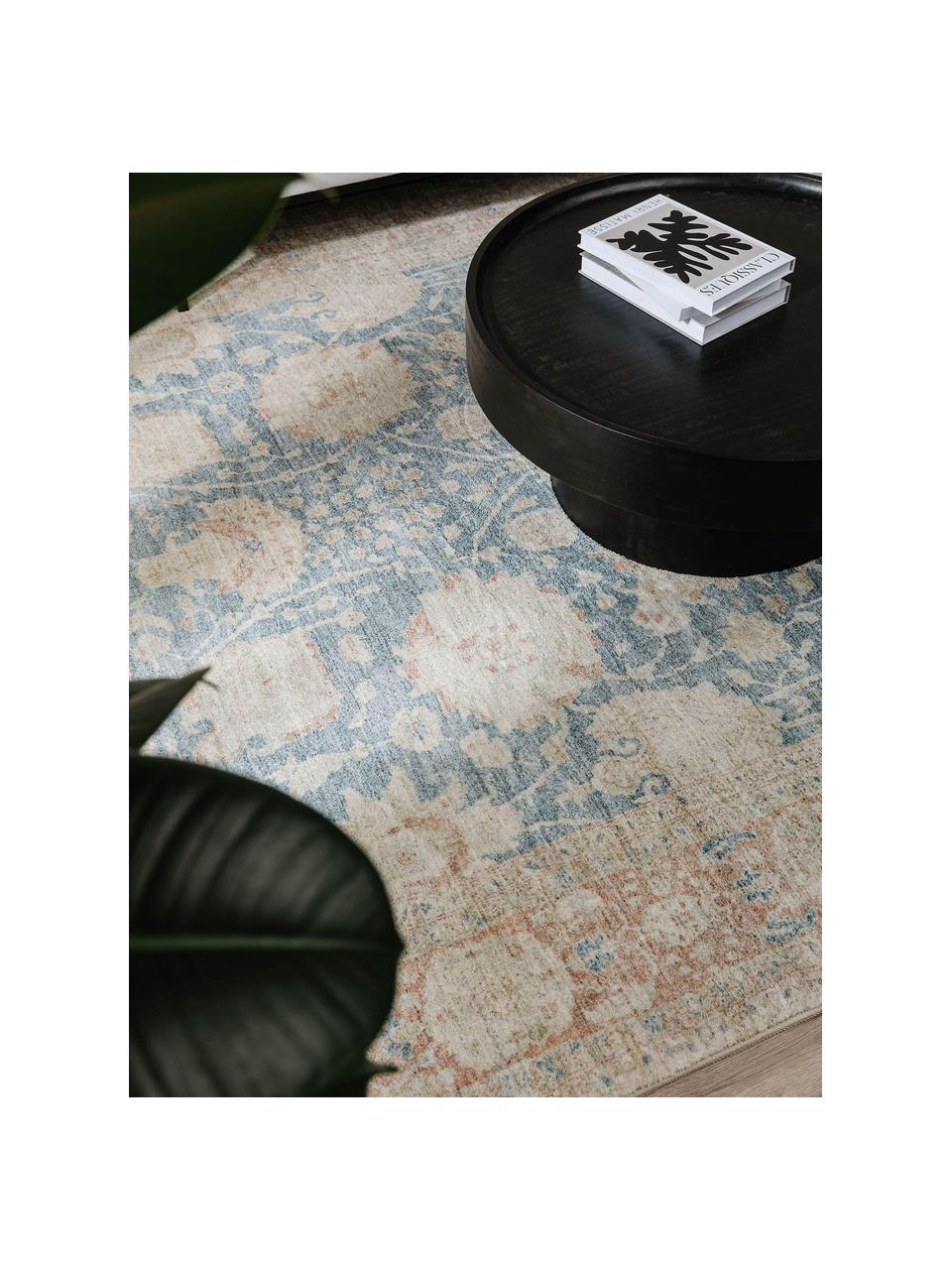 Kurzflor-Teppich Mara mit Ornamentmuster, 100 % Polyester, Blau, Apricot, Bunt, B 80 x L 150 cm (Größe XS)