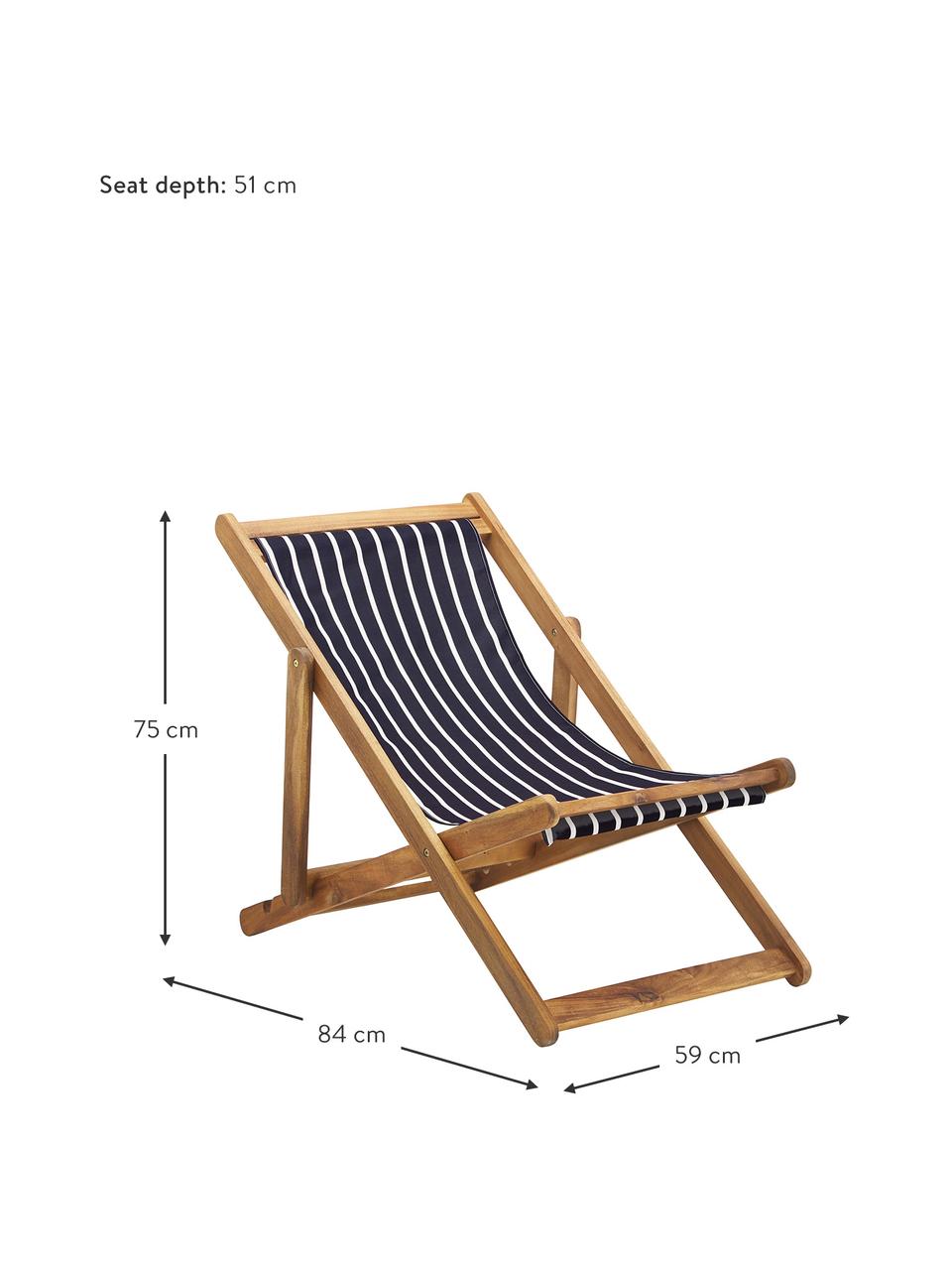 Klappbarer Liegestuhl Zoe, Gestell: Massives Akazienholz, geö, Dunkelblau, Weiss, B 59 x T 84 cm