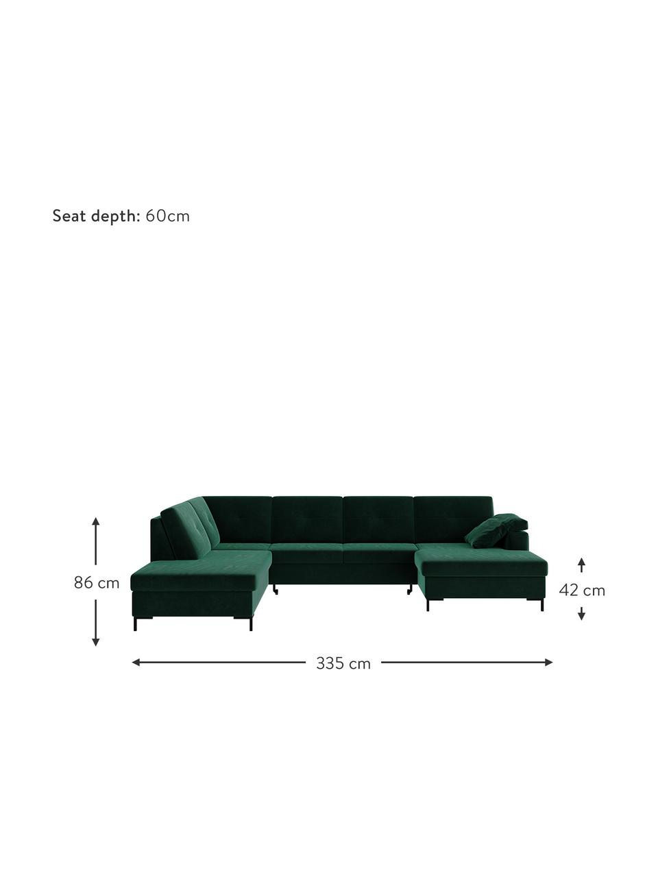 Divano letto angolare in tessuto verde scuro con contenitore Moor, Rivestimento: 100% poliestere con siste, Struttura: legno duro, legno tenero,, Piedini: legno verniciato Il rives, Verde scuro, Larg. 335 x Prof. 235 cm