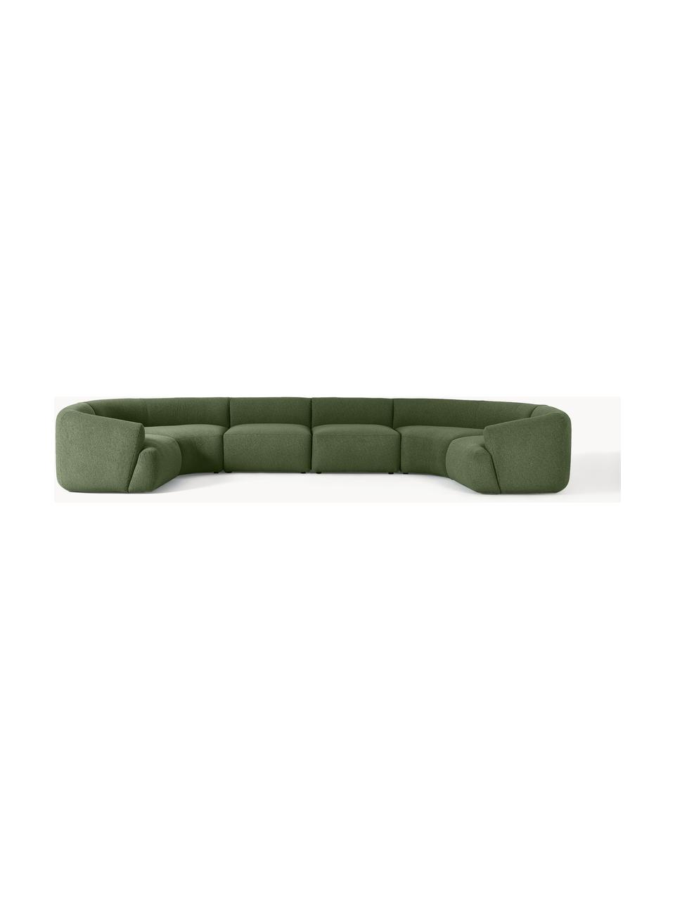 Sofa modułowa XL Bouclé Sofia, Tapicerka: Bouclé (100% poliester) D, Stelaż: drewno świerkowe, płyta w, Nogi: tworzywo sztuczne Ten pro, Ciemnozielony Bouclé, S 450 x G 231 cm