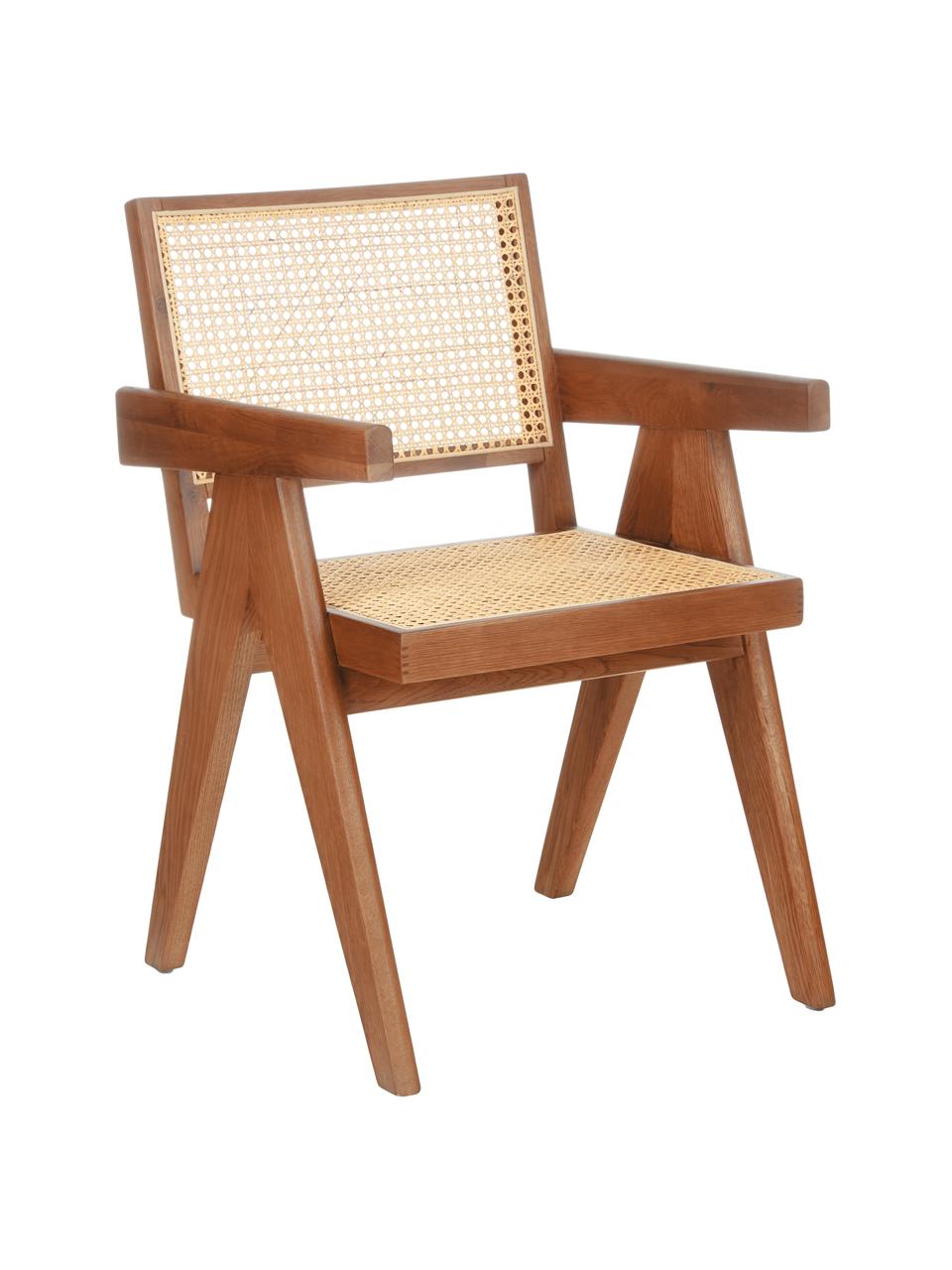 Chaise à accoudoirs en cannage Sissi, Rotin, bois de chêne foncé, larg. 52 x prof. 58 cm