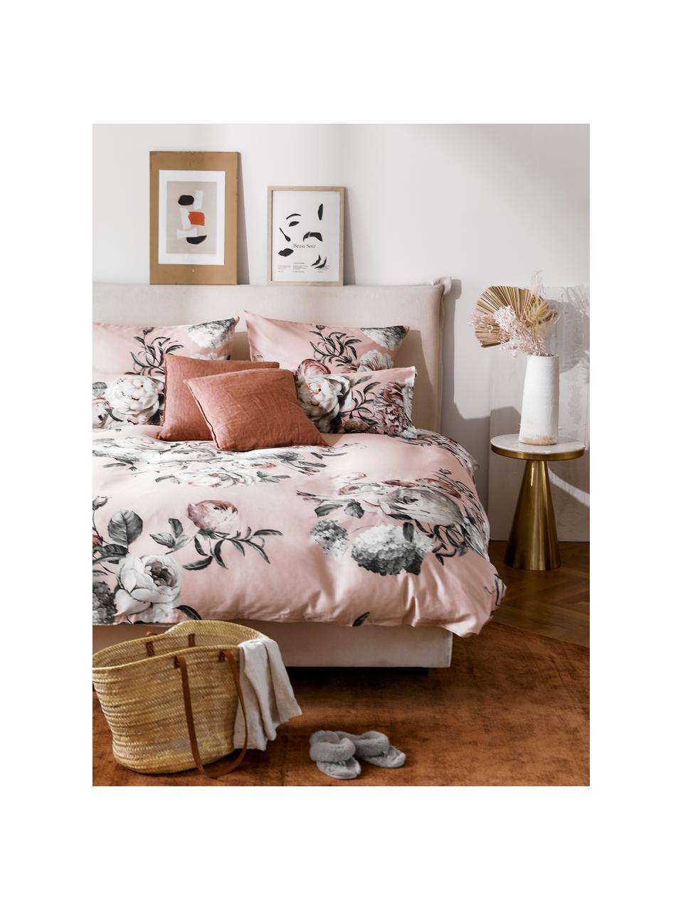 Funda de almohada de satén Blossom, 45 x 85 cm, Rosa con estampado floral, An 45 x L 85 cm