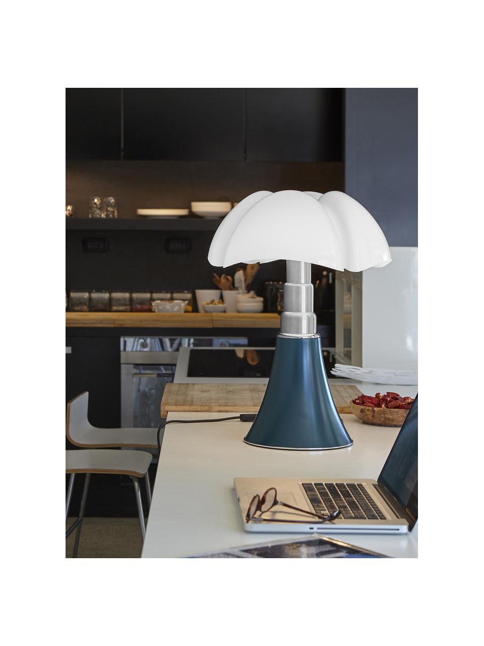 Lámpara de mesa grande LED regualble Pipistrello, altura regulable, Estructura: metal, aluminio pintado, Azul petróleo mate, Ø 40 x Al 50-62 cm