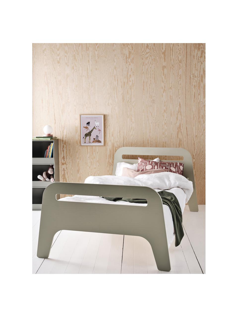 Dřevěná dětská postel Jibbo, 90 x 200 cm, MDF deska (dřevovláknitá deska střední hustoty), překližka, Šedozelená, Š 90 cm, D 200 cm