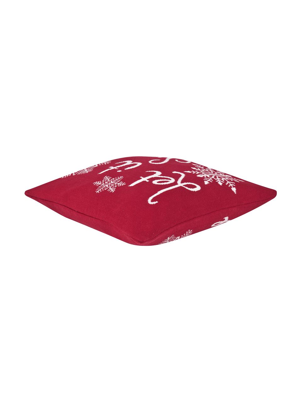 Gebreide kussenhoes Let it Snow in rood/wit met opschrift, Katoen, Rood, crèmewit, B 40 x L 40 cm