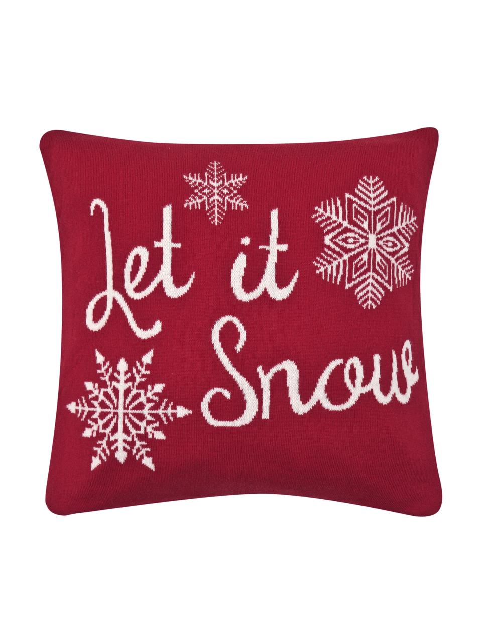 Gebreide kussenhoes Let it Snow in rood/wit met opschrift, Katoen, Rood, crèmewit, B 40 x L 40 cm