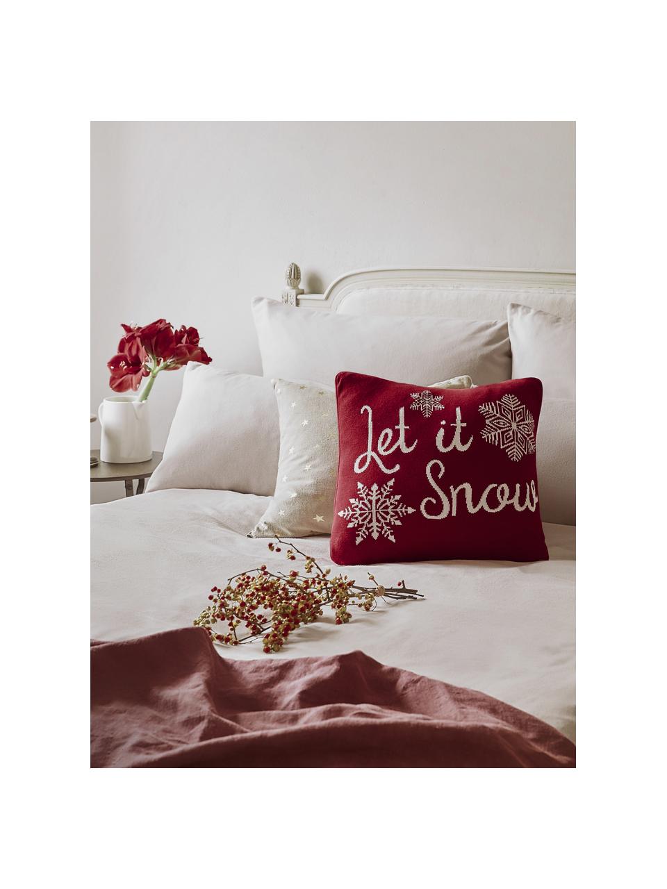 Gebreide kussenhoes Let it Snow in rood/wit met opschrift, Katoen, Rood, crèmewit, B 40 x L 40 cm