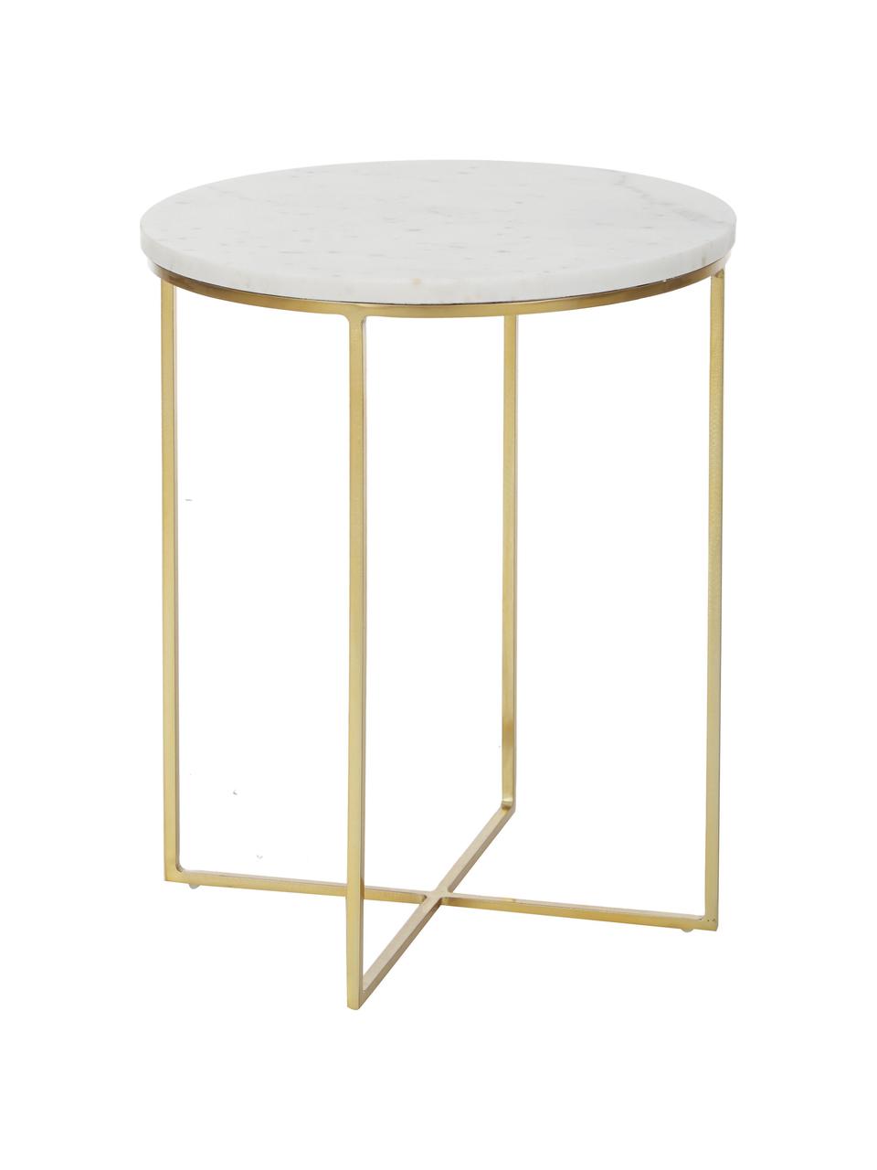 Okrągły stolik pomocniczy z marmuru Alys, Blat: marmur, Stelaż: metal malowany proszkowo, Biały, marmurowy, odcienie złotego, Ø 40 x W 50 cm