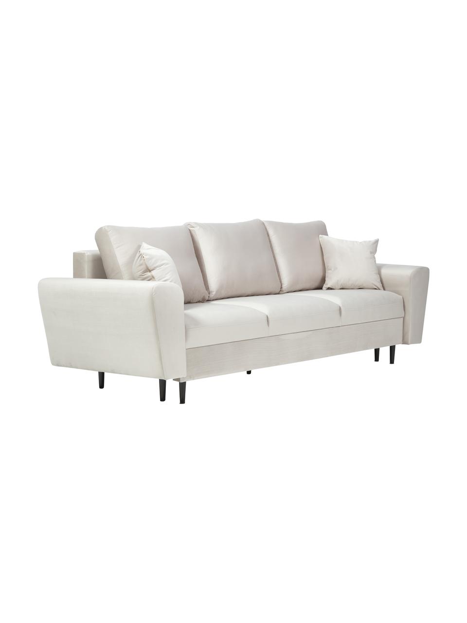Divano letto 3 posti in velluto beige con contenitore Moghan, Rivestimento: velluto di poliestere Il , Struttura: legno di pino massiccio, , Piedini: metallo laccato, Velluto beige, nero, Larg. 235 x Prof. 100 cm