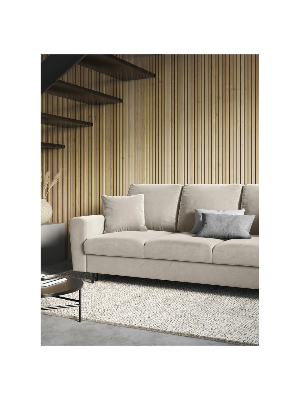 Divano letto 3 posti in velluto beige con contenitore Moghan, Rivestimento: velluto di poliestere Il , Struttura: legno di pino massiccio, , Piedini: metallo laccato, Velluto beige, nero, Larg. 235 x Prof. 100 cm