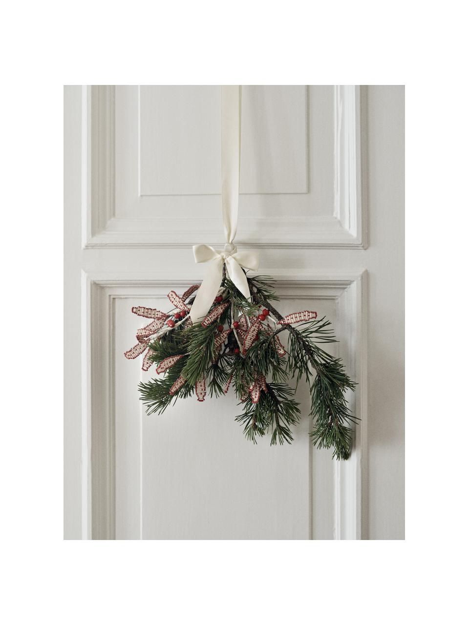 Ručně vyrobená ozdoba na stromeček Mistletoe, Skleněné korálky, Červená, tlumeně bílá, Š 17 cm, V 18 cm