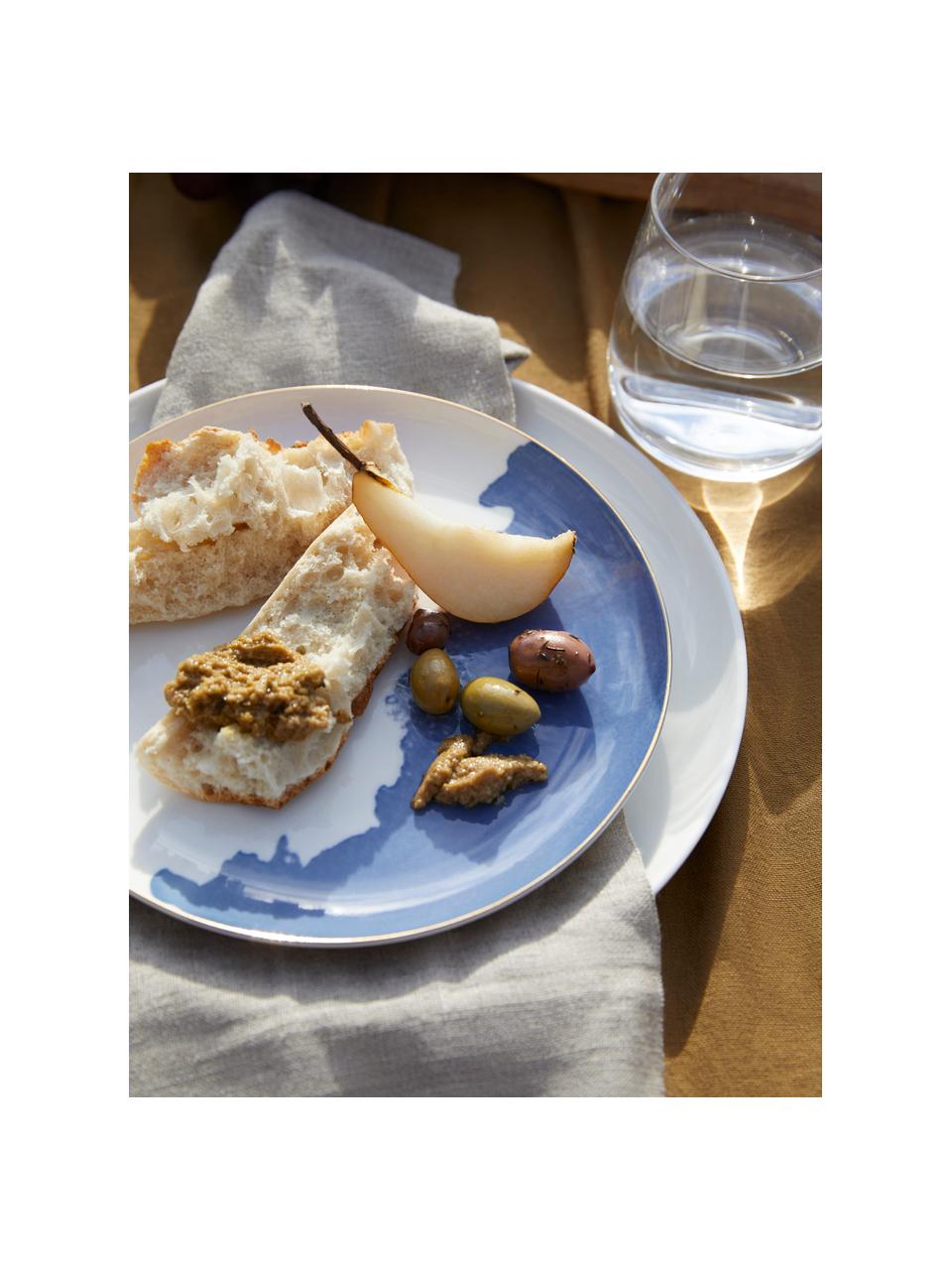 Talerz śniadaniowy z porcelany Rosie, 2 szt., Porcelana, Biały, niebieski, ze złotą krawędzią, Ø 21 x W 2 cm