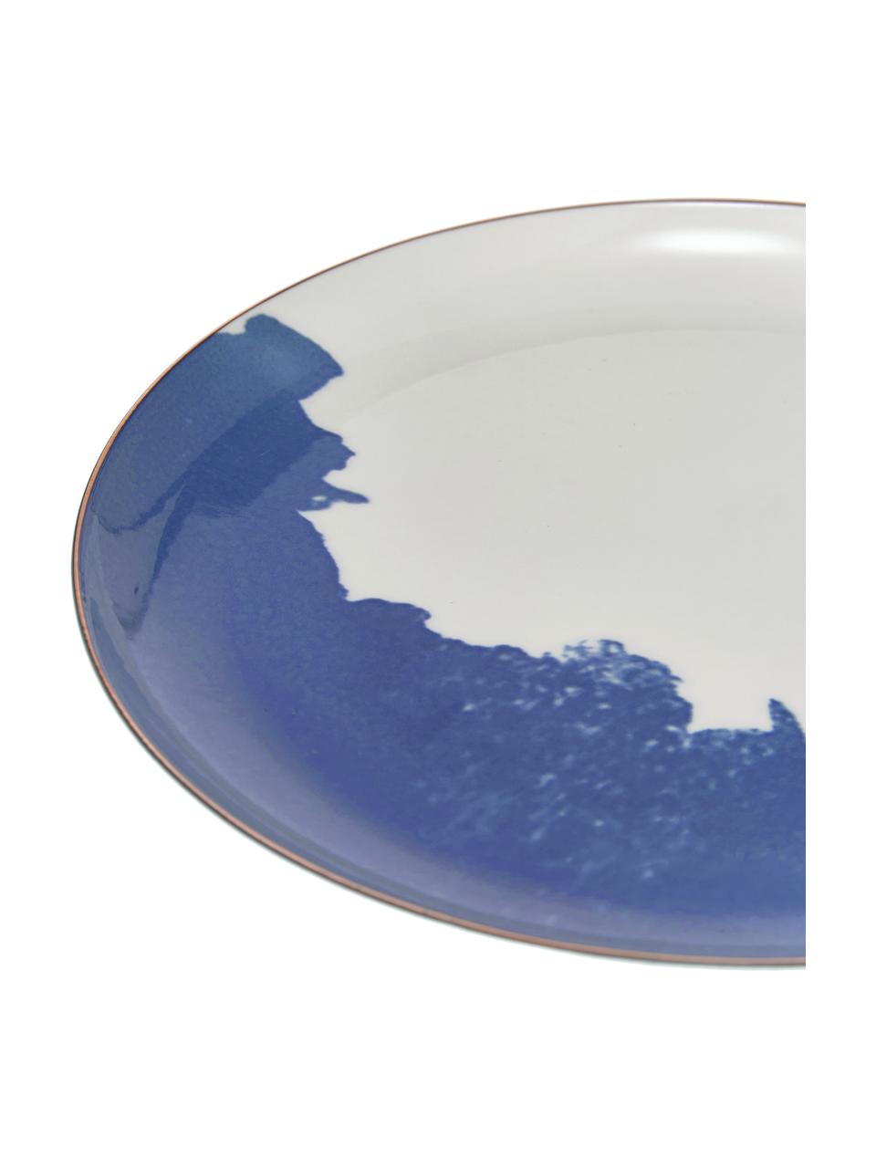 Platos postre de porcelana Rosie, 2 uds., Porcelana, Blanco crema, azul con borde dorado, Ø 21 x Al 2 cm