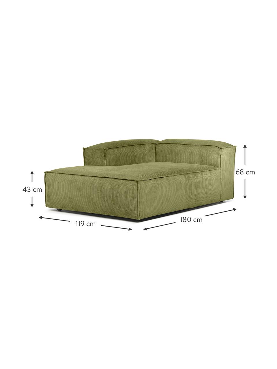 Modulo angolare in velluto a coste Lennon, Rivestimento: velluto a coste (92% poli, Struttura: legno di pino massiccio, , Piedini: plastica, Velluto a coste verde, Larg. 119 x Prof. 180 cm, angolo a sinistra