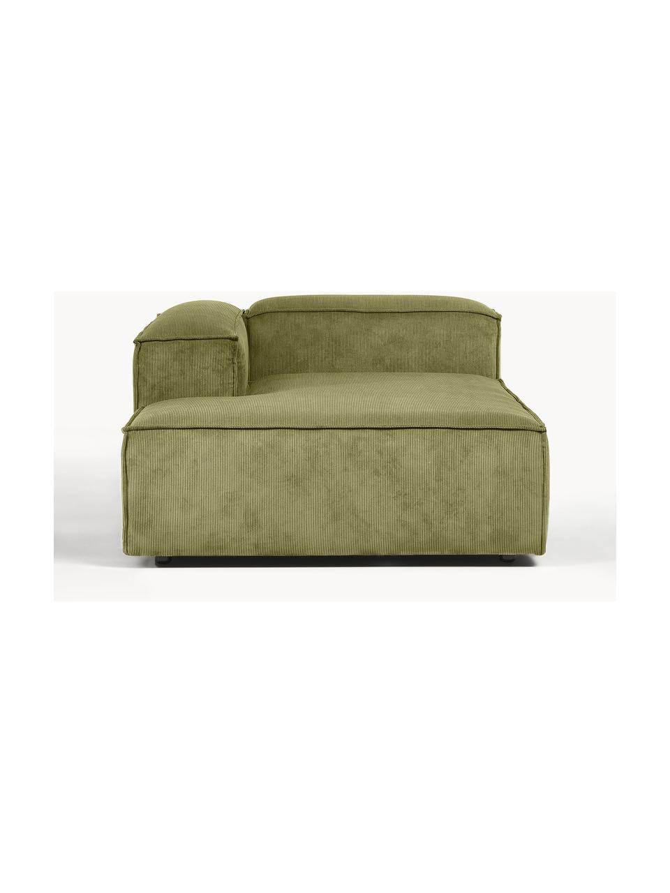 Diván modular de pana Lennon, Tapizado: pana (92% poliéster, 8% p, Estructura: madera de pino maciza, ma, Patas: plástico, Pana verde oliva, An 119 x F 180 cm, chaise longue izquierda
