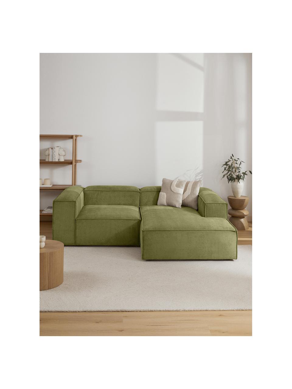 Diván modular de pana Lennon, Tapizado: pana (92% poliéster, 8% p, Estructura: madera de pino y abeto ma, Patas: plástico. Este producto e, Pana verde oliva, An 119 x F 180 cm, chaise longue izquierda