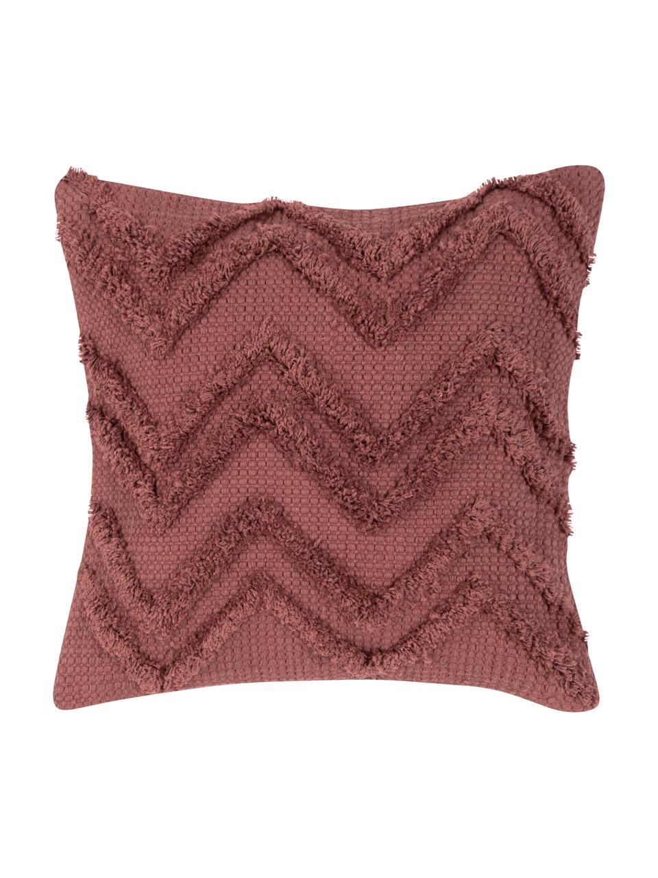 Federa arredo boho con motivo a zigzag trapuntato Akesha, 100% cotone, Rosso ruggine, Larg. 45 x Lung. 45 cm