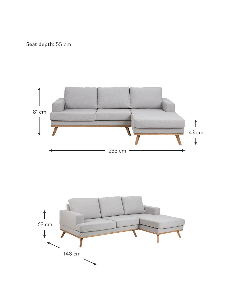 Sofa narożna z nogami z drewna bukowego Norwich, Tapicerka: poliester, Nogi: drewno bukowe, barwione, Jasny szary, S 233 x G 148 cm