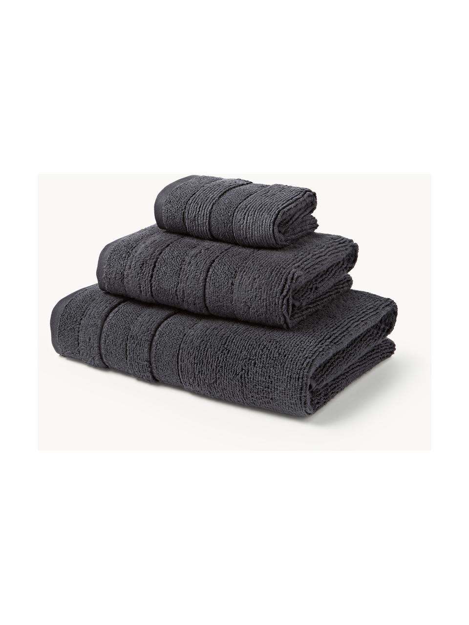 Lot de serviettes de bain avec bordure décorative Luxe, set de tailles variées, Anthracite, 3 éléments (1 serviette invité, 1 serviette de toilette et 1 drap de bain)