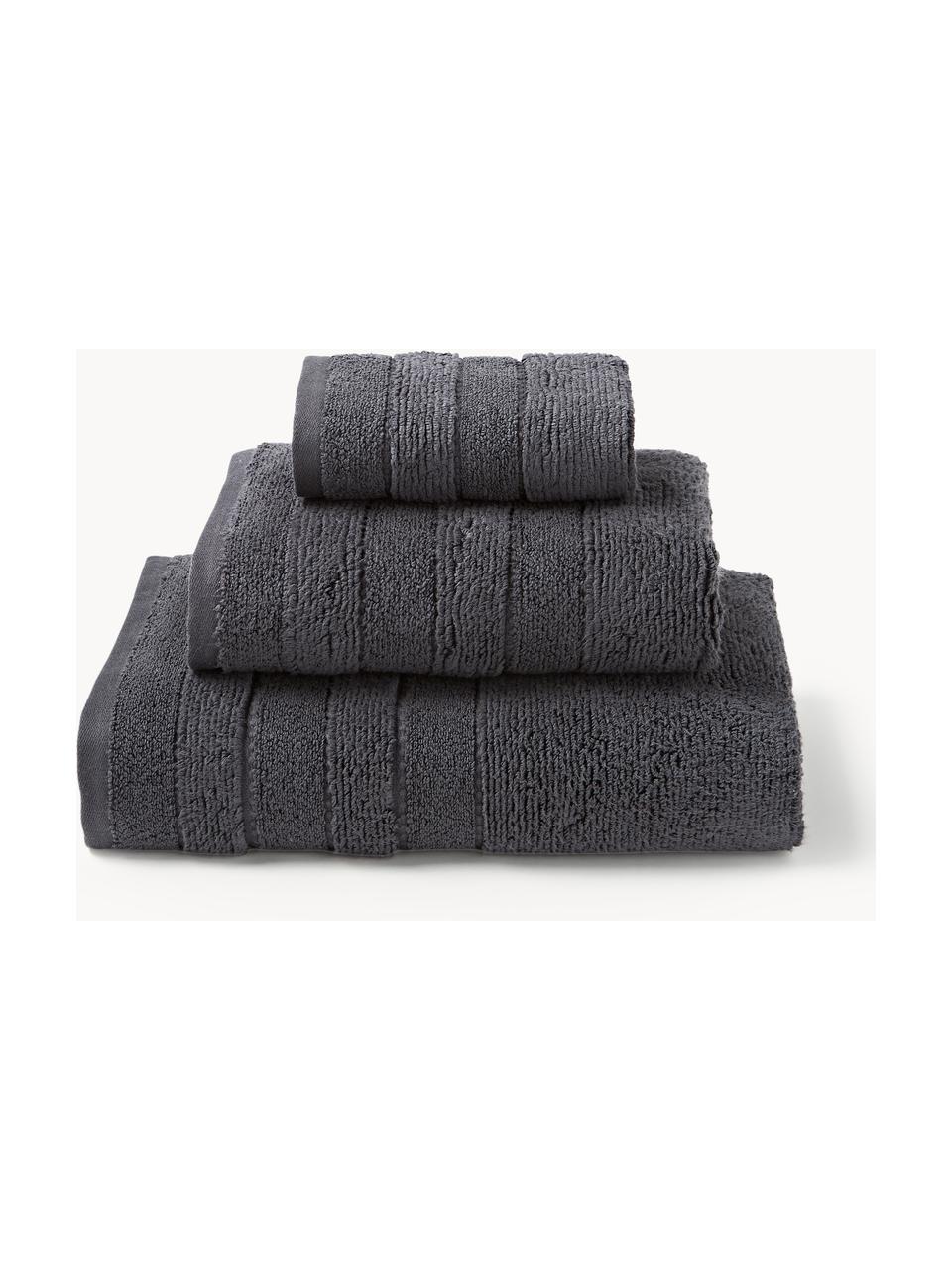 Lot de serviettes de bain avec bordure décorative Luxe, set de tailles variées, Anthracite, 3 éléments (1 serviette invité, 1 serviette de toilette et 1 drap de bain)