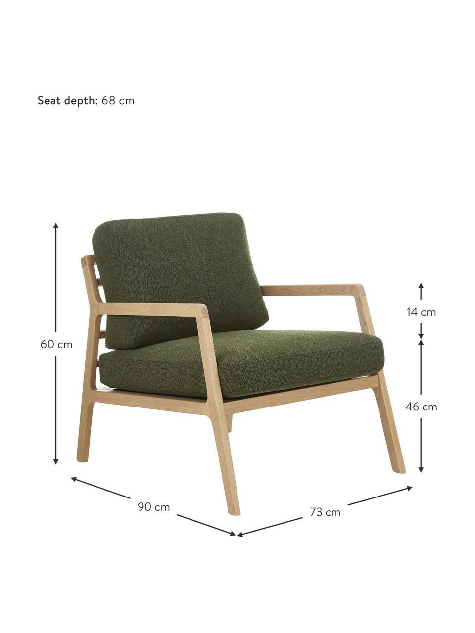 Fauteuil scandi Becky, Tissu vert foncé, bois de chêne, larg. 73 x haut. 71 cm