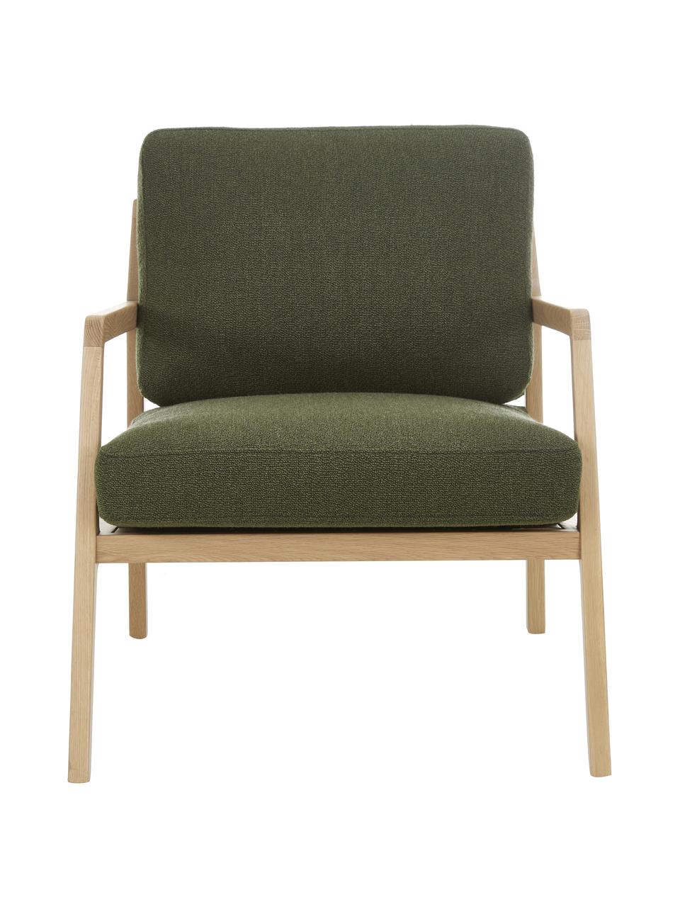 Sillón de roble Becky, Tapizado: 53% acrílico, 23% poliést, Estructura: roble macizo, Tejido verde oscuro, roble, An 73 x Al 71 cm