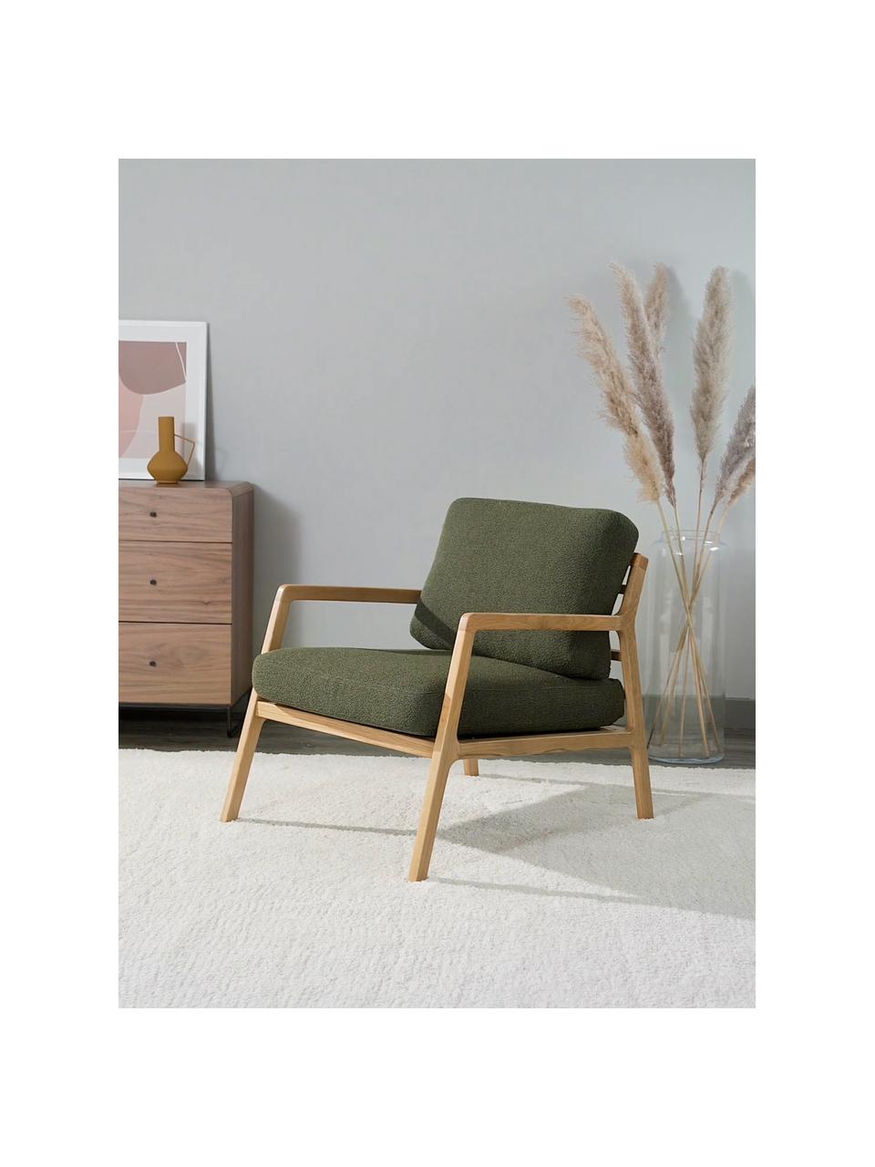 Fauteuil scandi Becky, Tissu vert foncé, bois de chêne, larg. 73 x haut. 71 cm