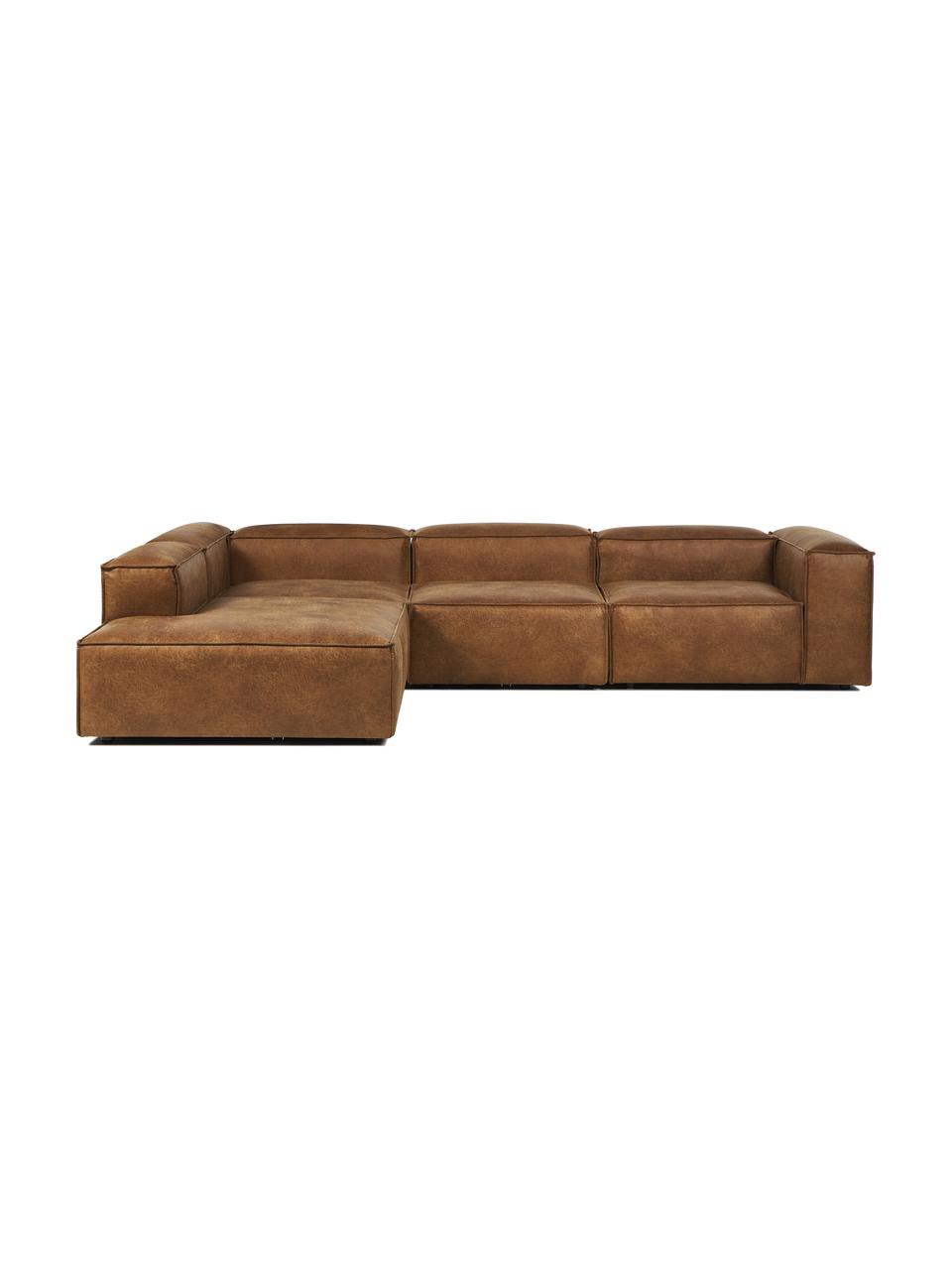 Sofa modułowa ze skóry z recyklingu Lennon, Tapicerka: skóra z recyklingu (70% s, Stelaż: lite drewno, sklejka, Nogi: tworzywo sztuczne, Brązowa skóra, S 329 x W 68 cm, lewostronna