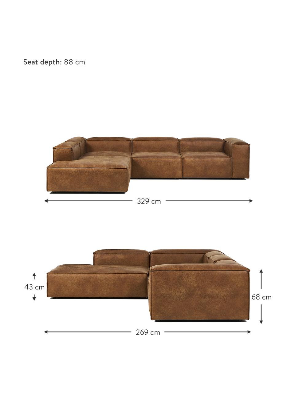 Canapé d'angle XL modulable en cuir recyclé Lennon, Cuir brun, larg. 329 x prof. 68 cm, méridienne à gauche