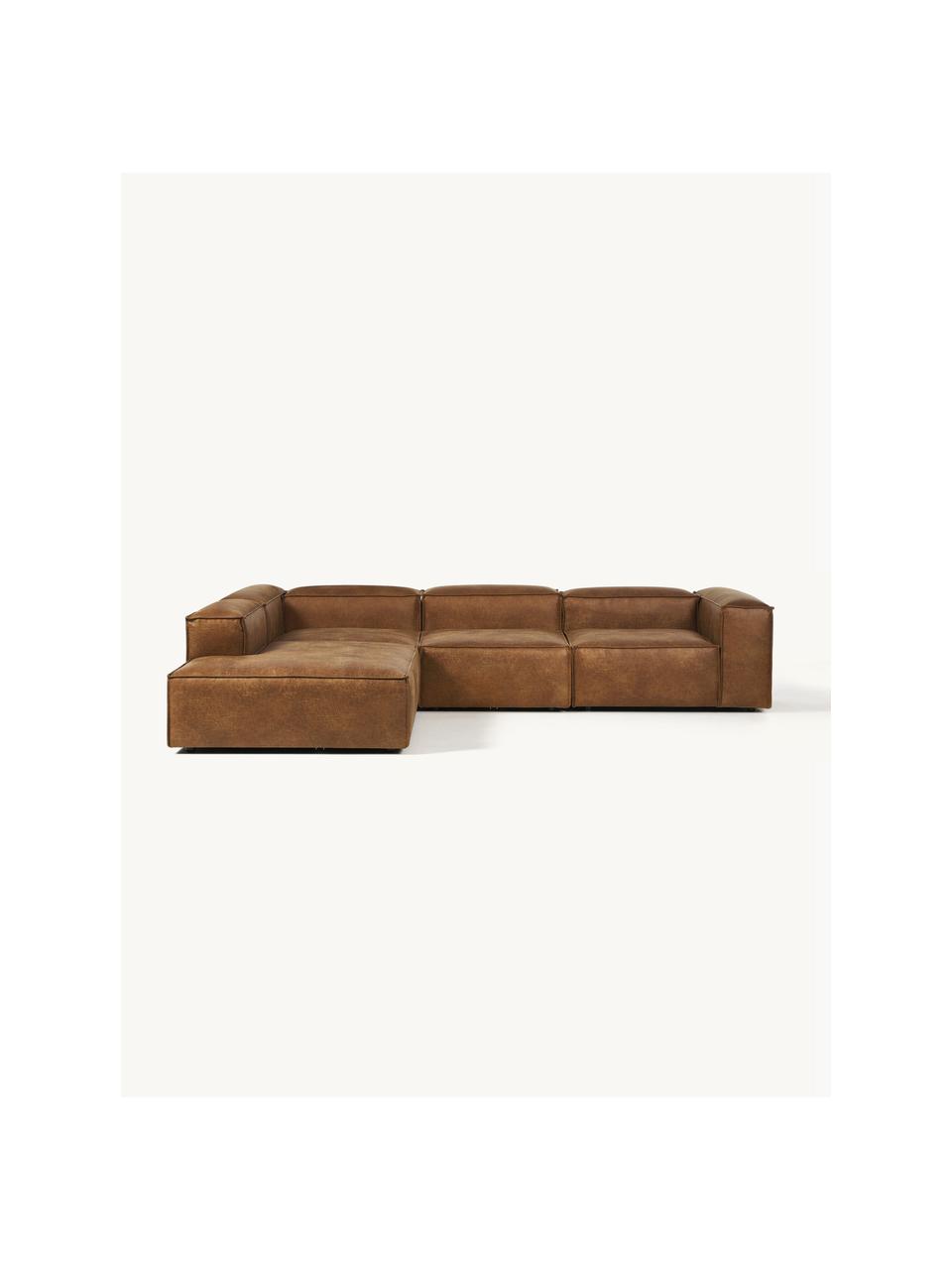 Modulares XL-Ecksofa Lennon aus recyceltem Leder, Bezug: Recyceltes Leder (70 % Le, Gestell: Massives Holz, Sperrholz, Füße: Kunststoff, Leder Braun, B 329 x T 269 cm, Eckteil links