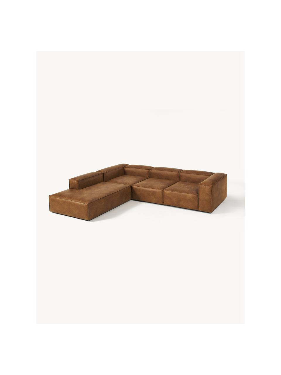 Divano angolare componibile XL in pelle riciclata Lennon, Rivestimento: pelle riciclata (70 % pel, Rivestimento: imbottitura in schiuma co, Pelle marrone, Larg. 329 x Prof. 269 cm, chaise longue a sinistra