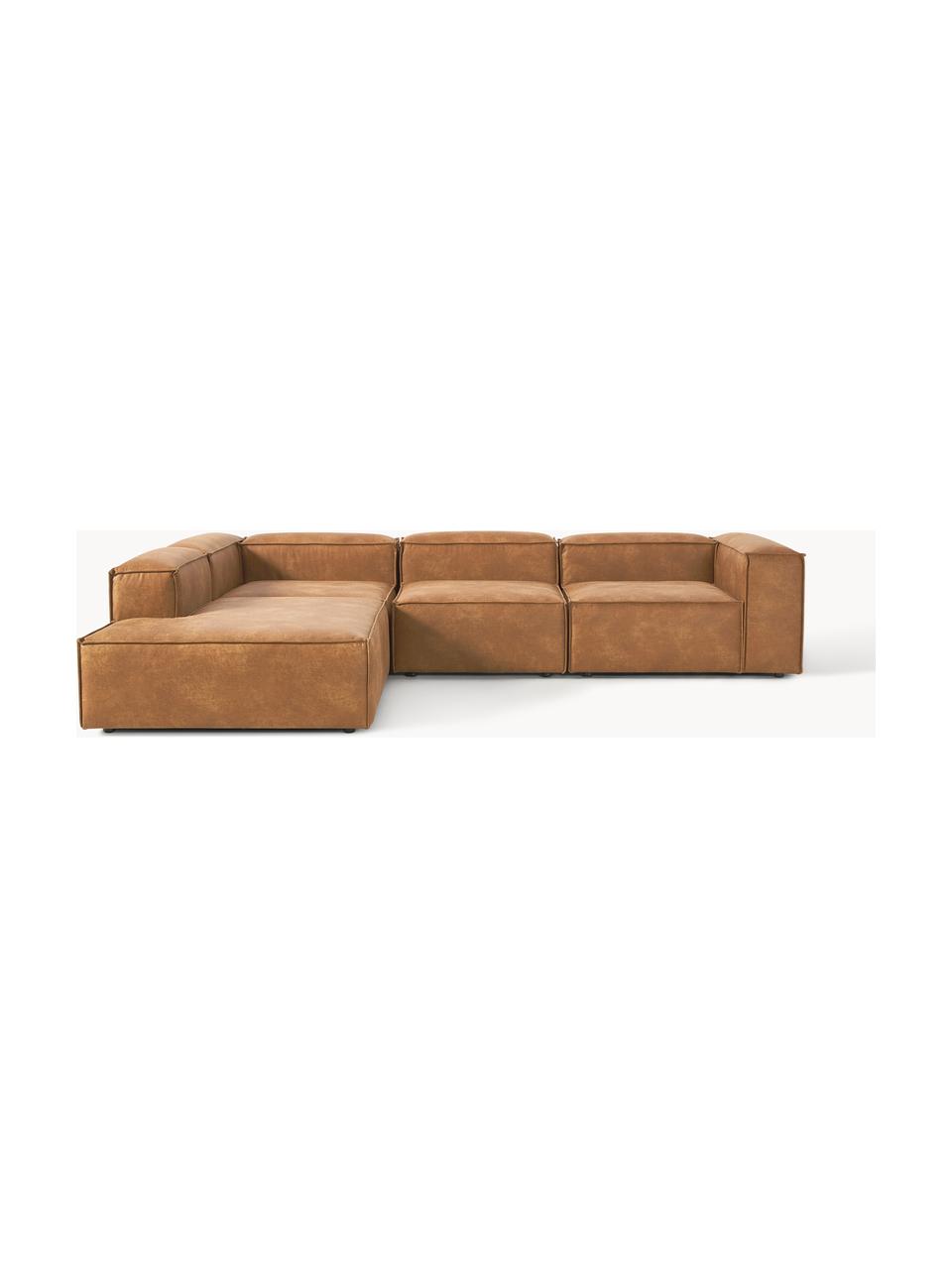 Narożna sofa modułowa XL ze skóry z recyklingu Lennon, Tapicerka: skóra z recyklingu (70% s, Stelaż: lite drewno, sklejka, Nogi: tworzywo sztuczne Ten pro, Brązowa skóra, S 329 x G 269 cm, lewostronna