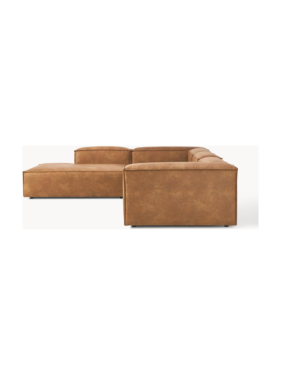 Sofá rinconera modular grande de cuero reciclado Lennon, Tapizado: cuero reciclado (70% cuer, Estructura: madera maciza, madera con, Patas: plástico Este producto es, Cuero marrón, An 329 x F 269 cm, chaise longue izquierda