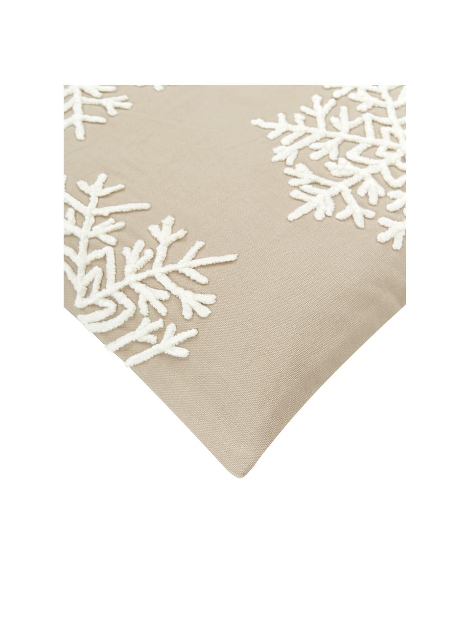 Geborduurde kussenhoes Snowflake in taupe, 100% katoen, Beige, 45 x 45 cm