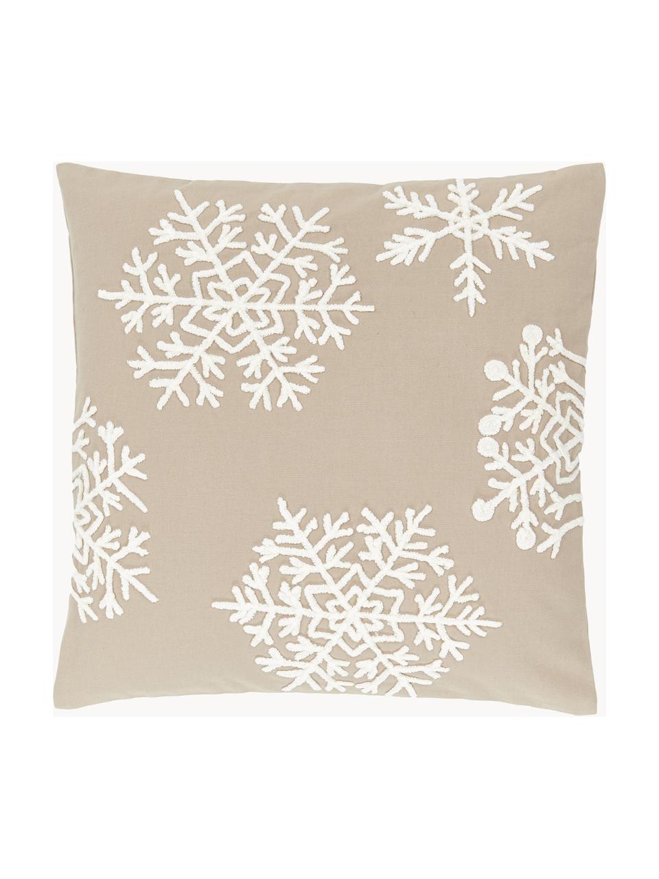 Bestickte Kissenhülle Snowflake, 100 % Baumwolle, Beige, Cremeweiß, B 45 x L 45 cm