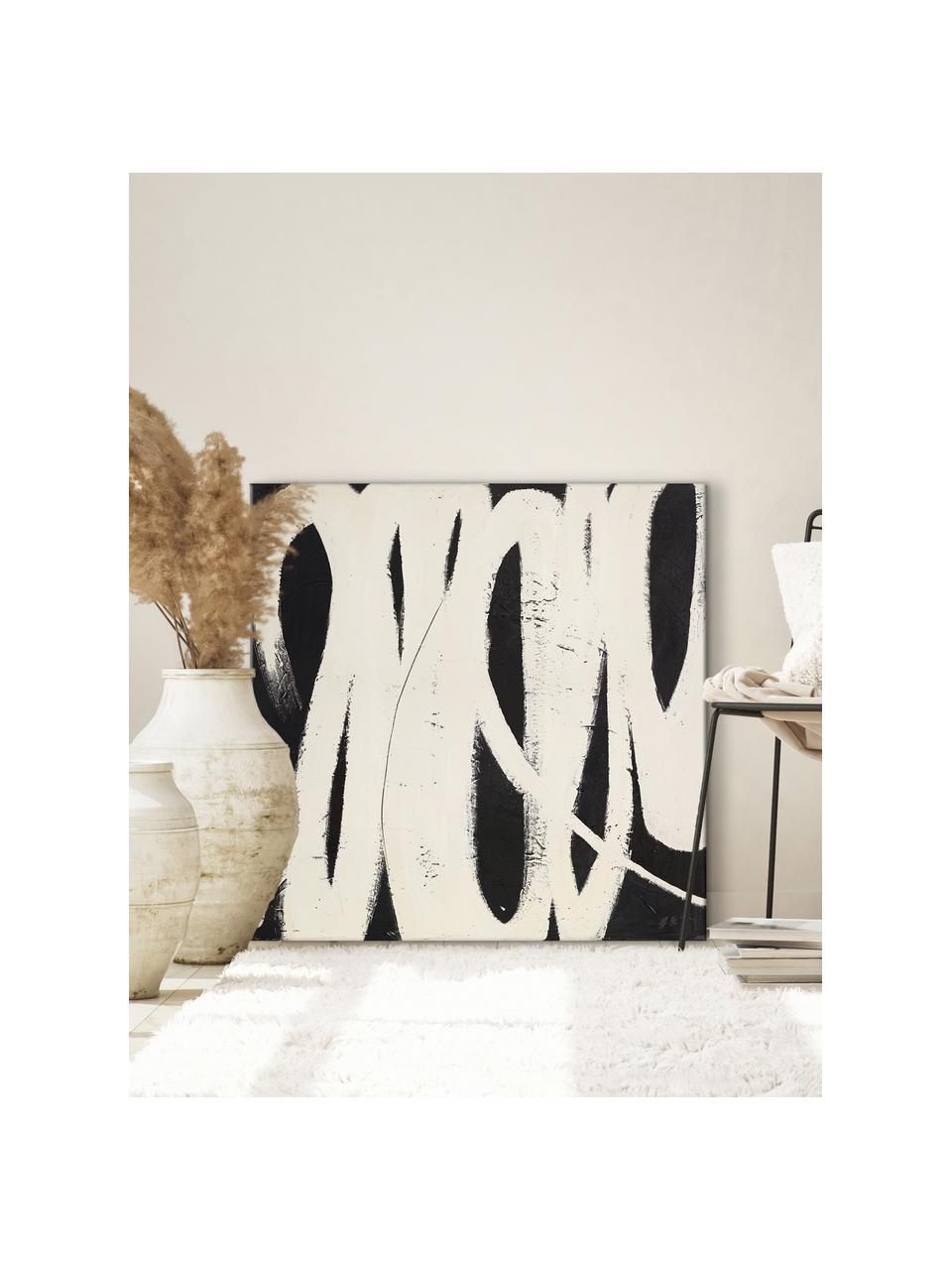 Dipinto su tela fatto a mano Spinning Around, Bianco latte, nero, Larg. 98 x Alt. 98 cm