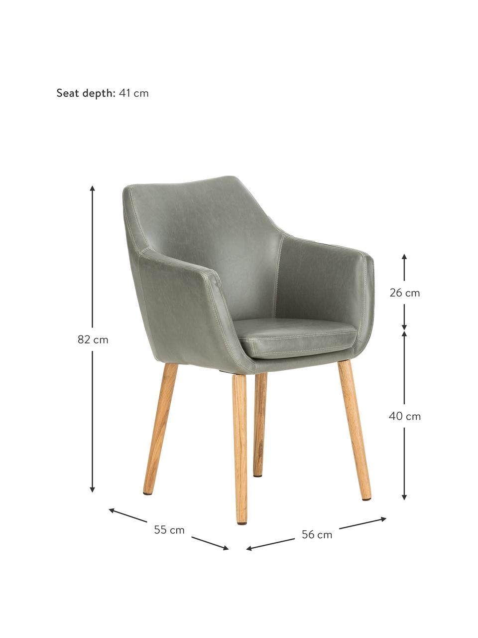Krzesło z podłokietnikami ze sztucznej skóry Nora, Tapicerka: sztuczna skóra (poliureta, Nogi: drewno dębowe, Jasny szary, drewno dębowe, S 56 x G 55 cm
