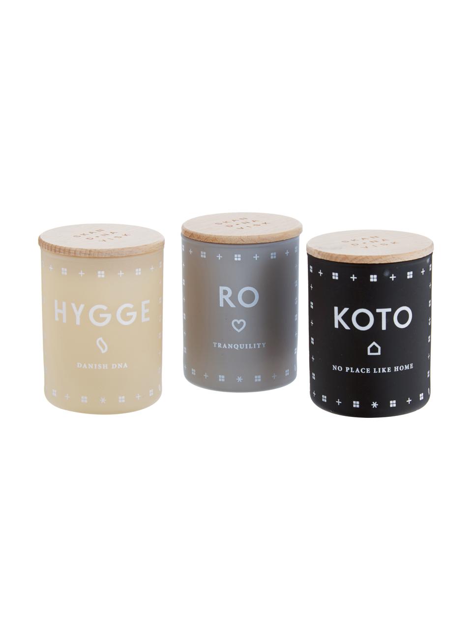 Set candele profumate Hjem (agrumi, erba fresca e fragole), 3 pz., Contenitore: vetro, Coperchio: legno di faggio, Crema, Ø 4 x A 6 cm