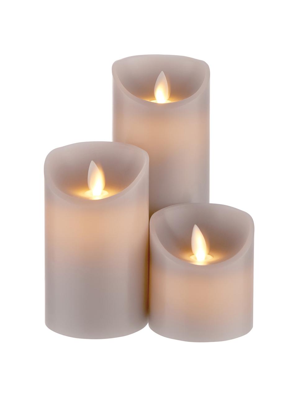 LED-Kerzen Glowing Flame, 3-tlg., Paraffin, Kunststoff, Grau, Set mit verschiedenen Größen