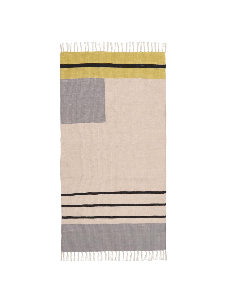 Ręcznie tkany dywan kilim Indiana, 100% bawełna organiczna z certyfikatem GOTS, Blady różowy, żółty, szary, S 80 x D 150 cm (Rozmiar XS)