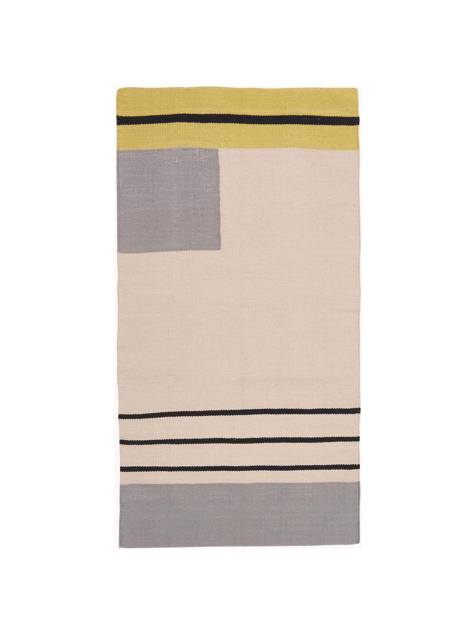 Handgeweven kelim vloerkleed Indiana, 100% biokatoen, GOTS-gecertificeerd, Roze, geel, grijs, B 120 x L 180 cm (maat S)