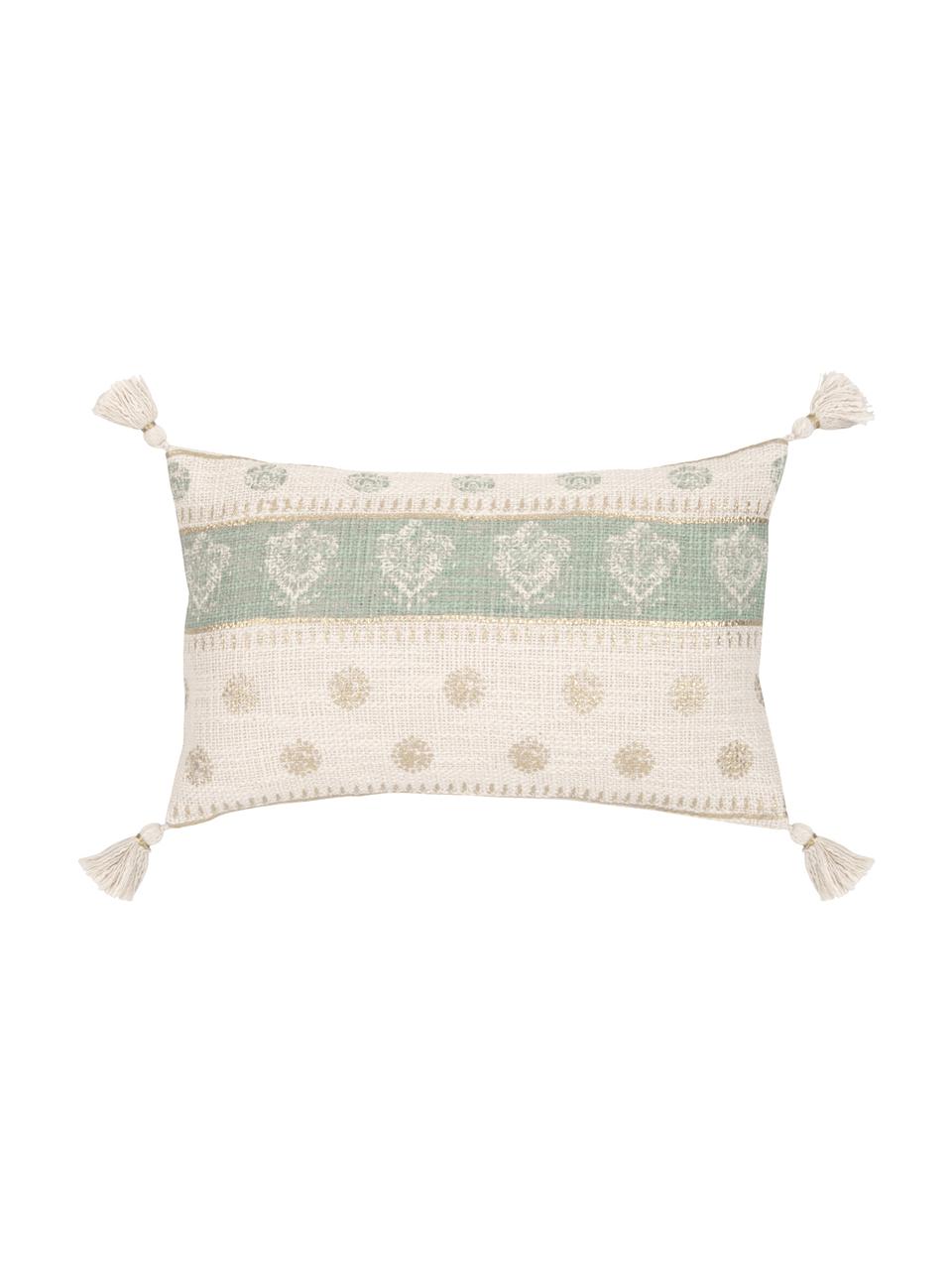 Poszewka na poduszkę z chwostami Jasmine, 100% bawełna, Beżowy, szałwiowy zielony, odcienie złotego, S 30 x D 50 cm