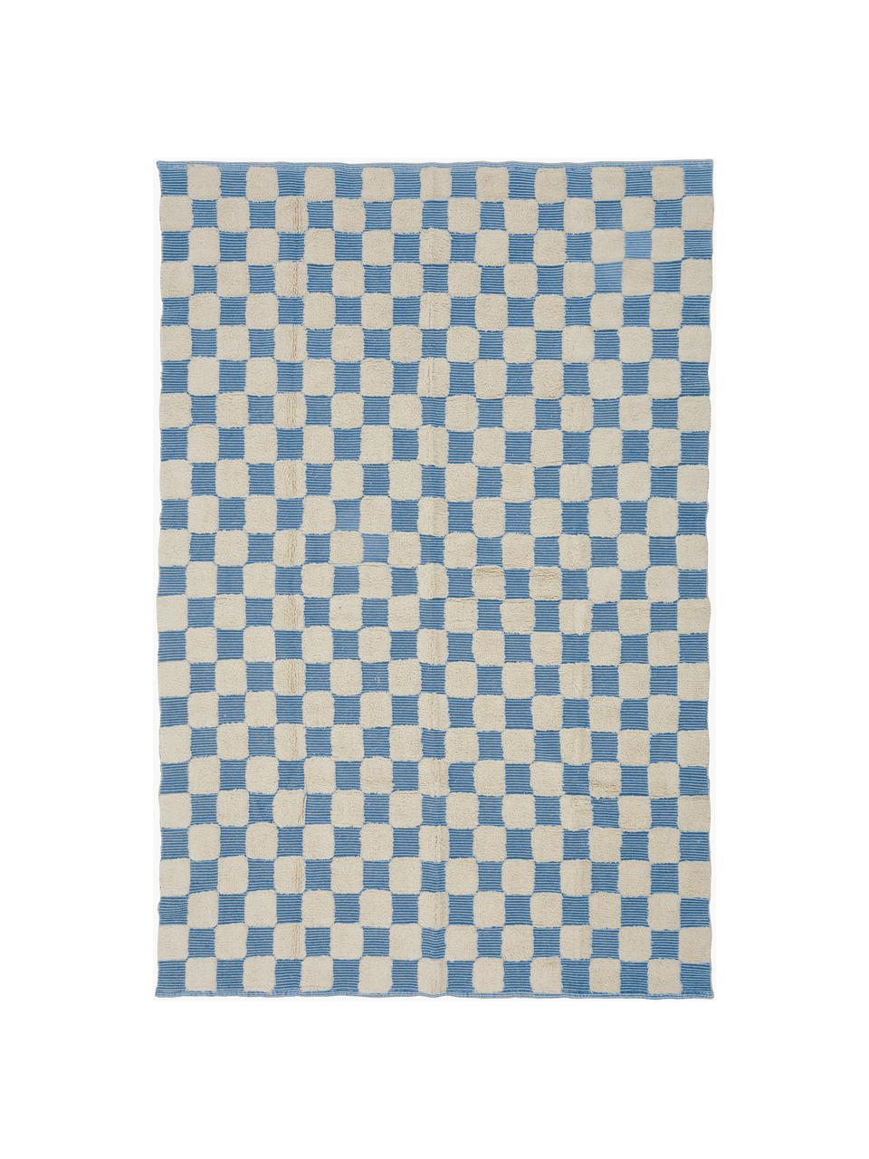 Handgeweven vloerkleed Penton met hoog-laag effect, 100% katoen, Crèmewit, blauw, B 170 x L 240 cm (maat M)