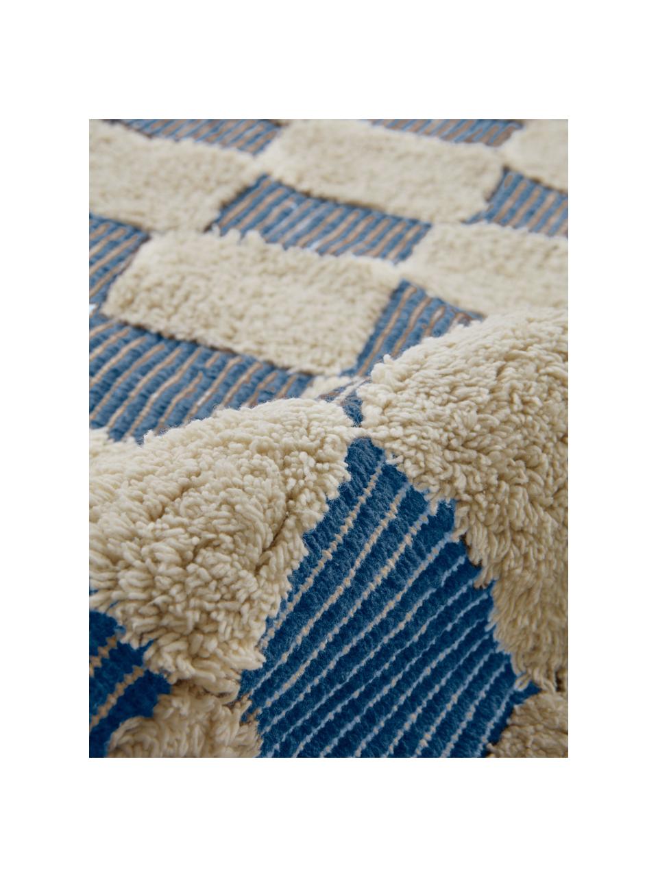 Ručne tkaný koberec s reliéfnym efektom Penton, 100 % bavlna, Krémovobiela, modrá, Š 170 x D 240 cm (veľkosť M)