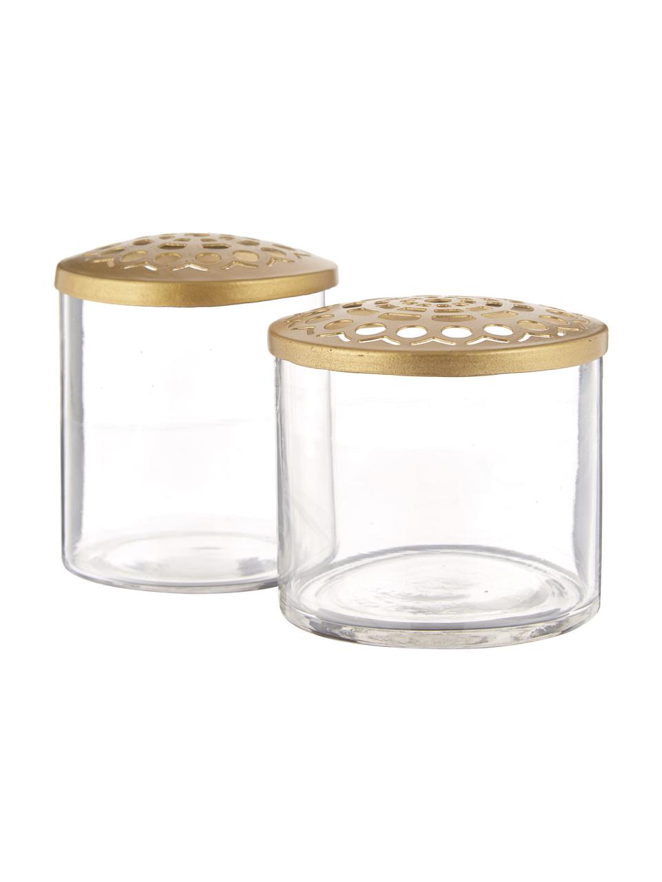 Set de jarrones pequeños con tapadera Kassandra, 2 uds., Jarrón: vidrio, Transparente, latón, Set de diferentes tamaños