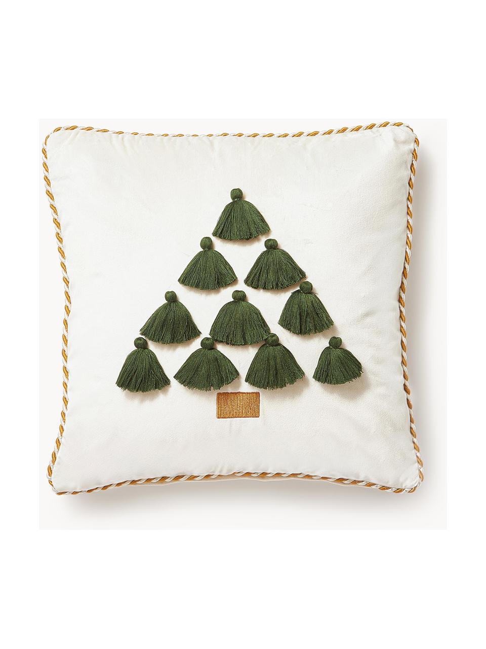 Fluwelen kussenhoes Skyler met kerstmotief en kwastjes, Kwastjes: 100 % katoen, Crèmewit, groen, B 45 x L 45 cm